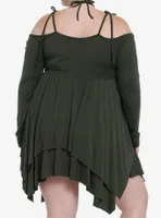 Thorn & Fable Green Hanky Hem Girls Cold Shoulder Dress Plus Size