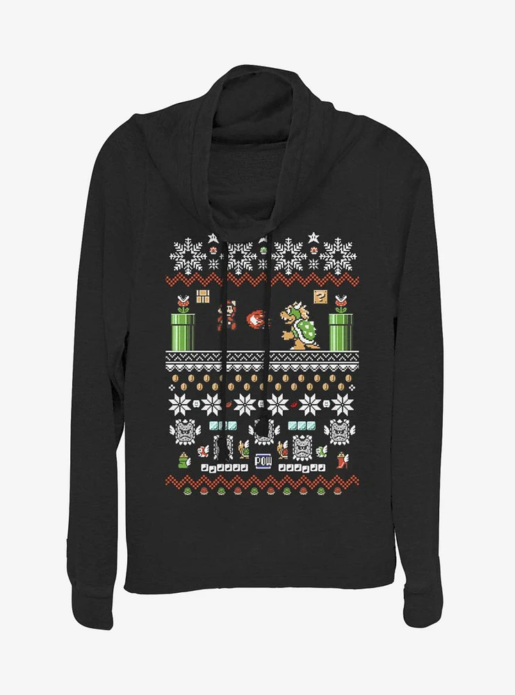 Nintendo Super Mario Battle Christmas Pattern Cowlneck Long-Sleeve Womens Top