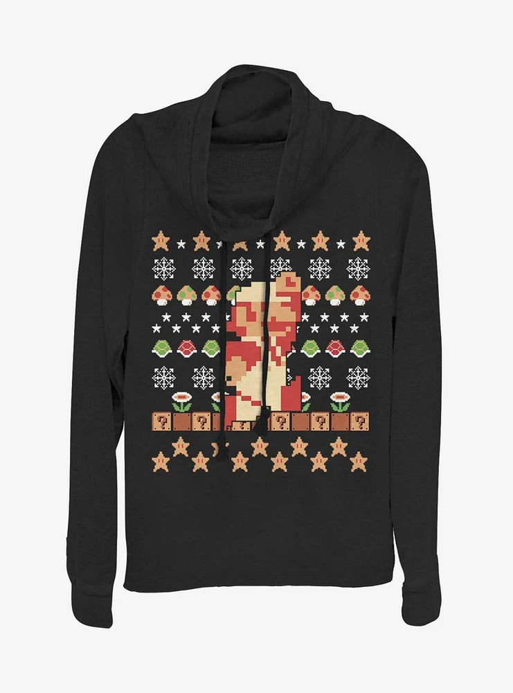 Nintendo Super Mario Retro Jump Christmas Pattern Cowlneck Long-Sleeve Womens Top