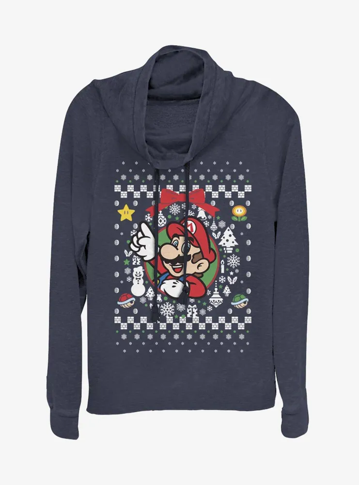 Nintendo Super Mario Wreath Christmas Pattern Cowlneck Long-Sleeve Womens Top