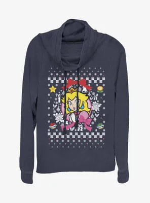 Nintendo Super Mario Wreath Princess Peach Christmas Pattern Cowlneck Long-Sleeve Womens Top