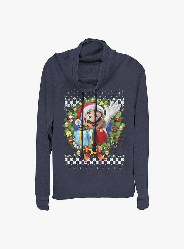 Super Mario Wreath Holiday Cowl Neck Long-Sleeve Girls Top