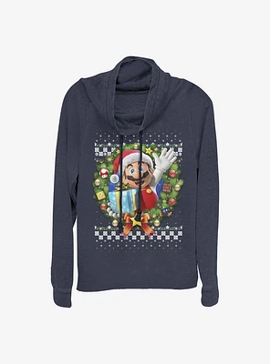 Super Mario Wreath Holiday Cowl Neck Long-Sleeve Girls Top