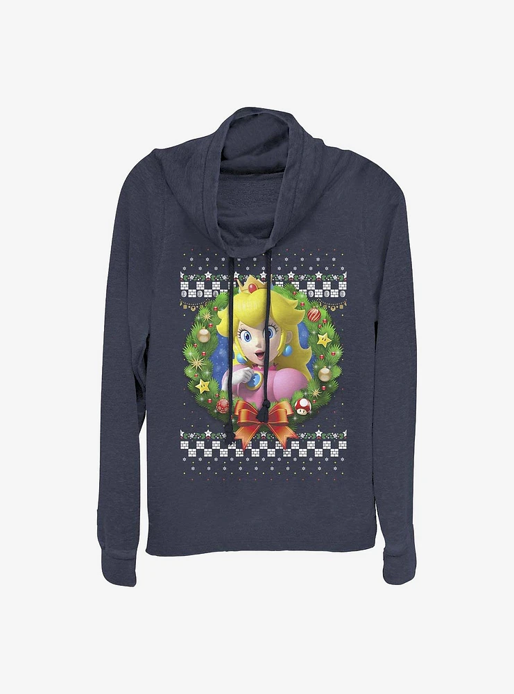 Super Mario Peach Wreath Holiday Cowl Neck Long-Sleeve Girls Top