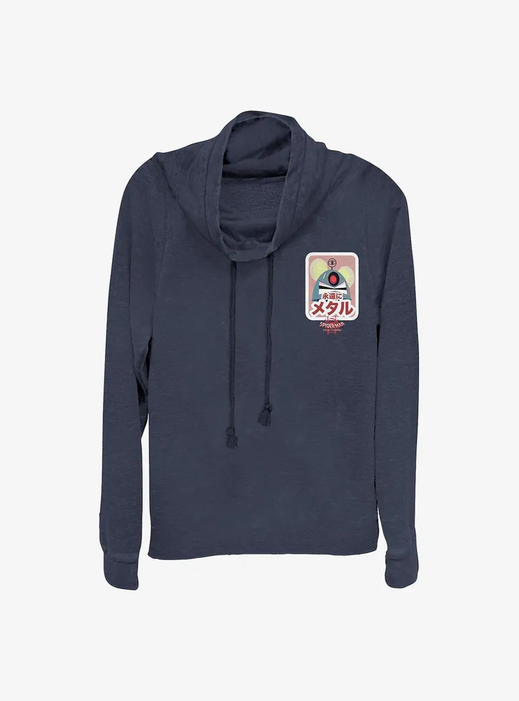 Marvel Spider-Man: Into The Spiderverse Robot Mouse Sticker Faux Pocket Cowl Neck Long-Sleeve Womens Top