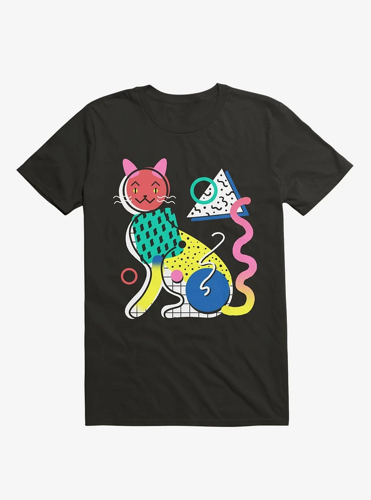 Memphis Cat Design Black T-Shirt