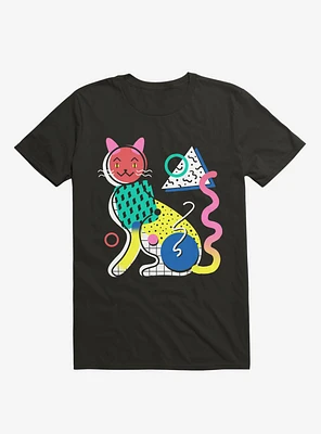 Memphis Cat Design Black T-Shirt