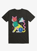Memphis Cat Design Black T-Shirt