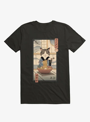 Cat Neko Ramen Ukiyo-E Black T-Shirt