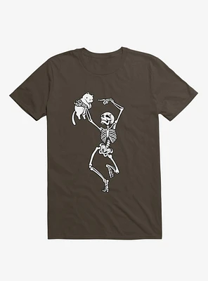 Dancing Skeleton With A Cat Brown T-Shirt