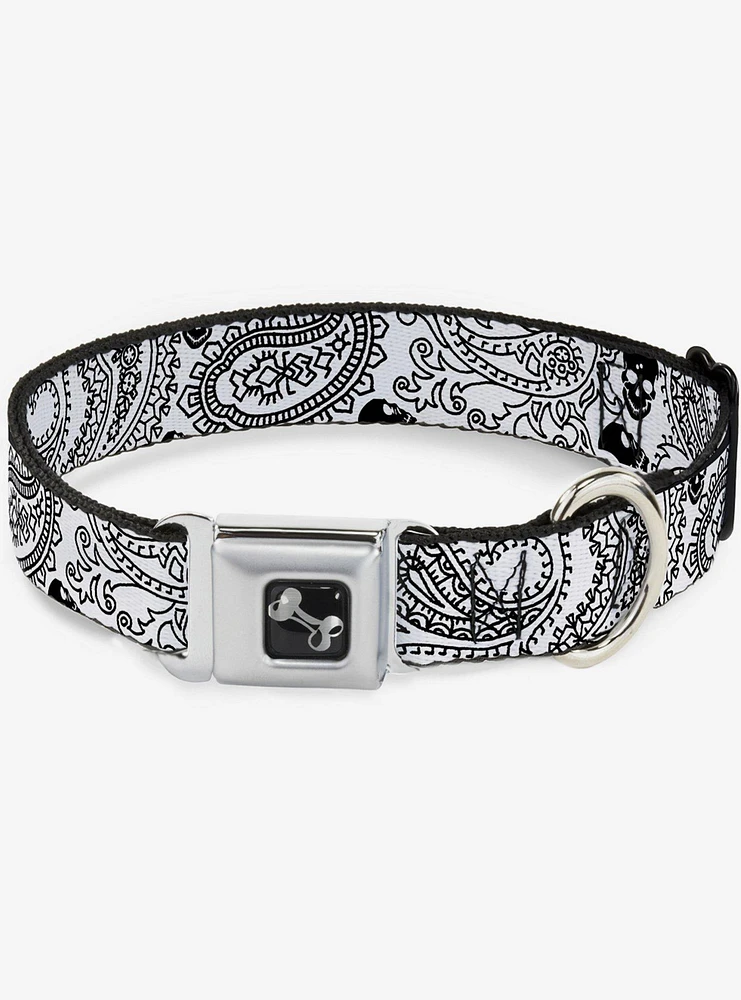 Bandana Skull Print Seatbelt Dog Collar White Black