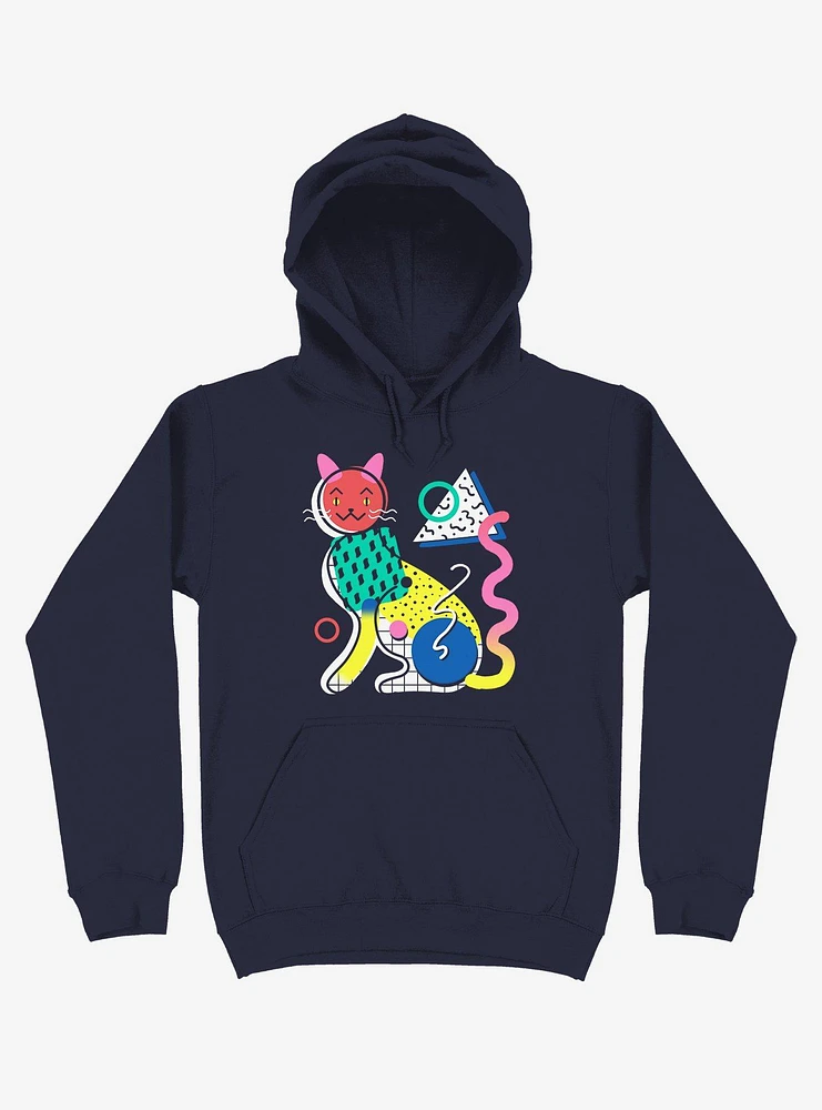 Memphis Cat Design Navy Blue Hoodie