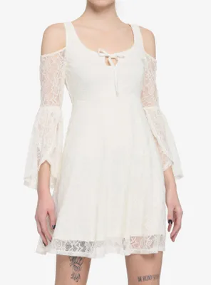 Ivory Cold Shoulder Bell-Sleeve Lace Dress