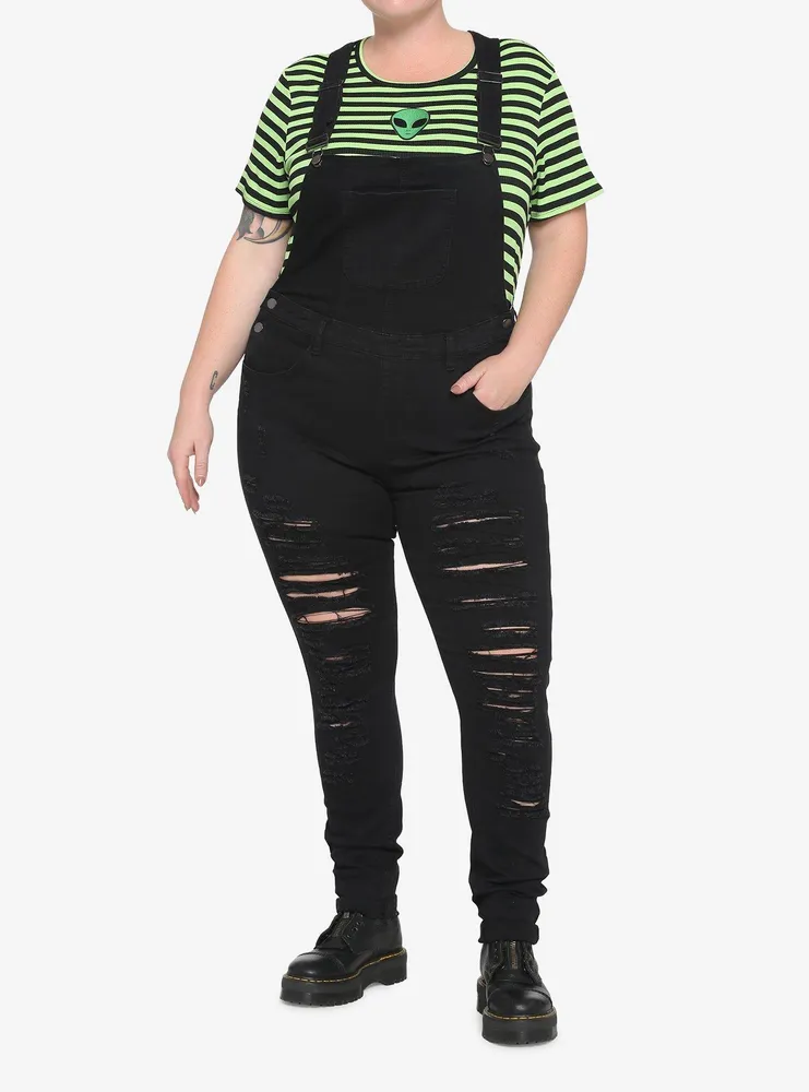 Black Destructed Girls Denim Overalls Plus Size