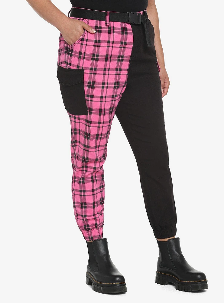 Pink Plaid Split Jogger Pants Plus Size