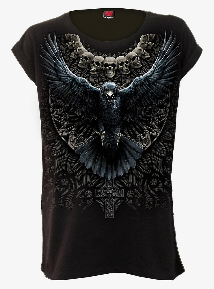 Raven Skull Turnup Sleeve Loose Fit Tee