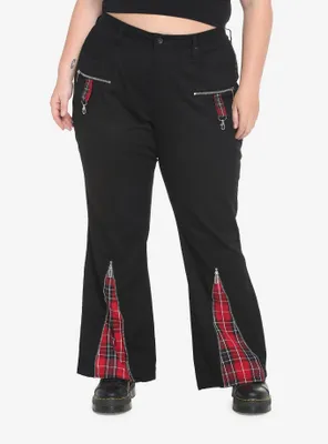 Black & Red Plaid Razor Zipper Flare Jeans Plus