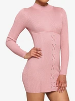 Pink Ribbed Lace-Up Mini Dress
