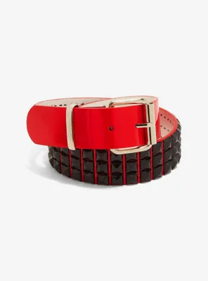 Three Row Black Pyramid Stud Red Patent Belt