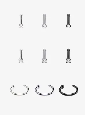 Steel Black Silver & Hematite Nose Stud Hoop 9 Pack