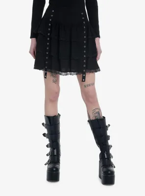 Thorn & Fable Black Lace Grommet Tiered Skirt