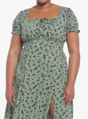 Green Butterfly Mushroom Empire Midi Dress Plus Size