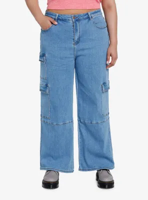 Indigo Wide Leg Cargo Denim Pants Plus Size