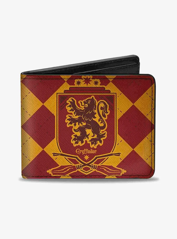 Harry Potter Gryffindor Shield Brooms Argyle Burgundy Bifold Wallet