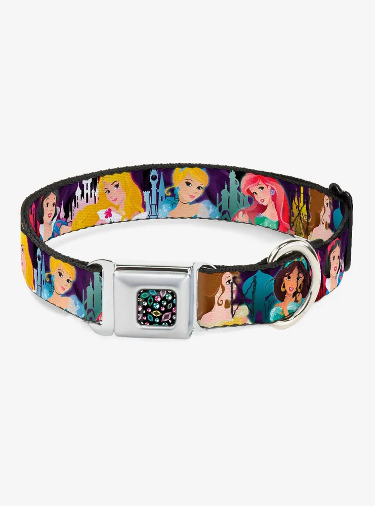 Disney Princess Poses Castle Silhouettes Purples Seatbelt Buckle Dog Collar