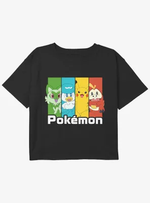 Pokemon Friends Sprigatito Quaxley Pikachu and Fuecoco Youth Girls Boxy Crop T-Shirt