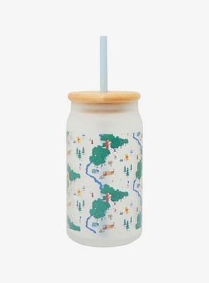 Disney Winnie the Pooh Hundred Acre Wood Map Frosted Glass Cup with Lid - BoxLunch Exclusive