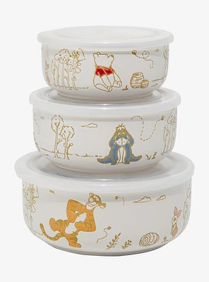 Disney Winnie the Pooh Wax Resist Characters Ceramic Food Storage Bowl Set