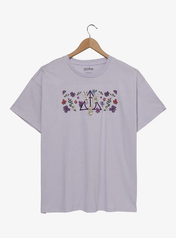 Harry Potter Floral Deathly Hallows Women's Plus T-Shirt - BoxLunch Exclusive