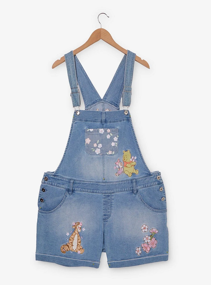 Disney Winnie the Pooh Floral Embroidered Women's Plus Short Overalls