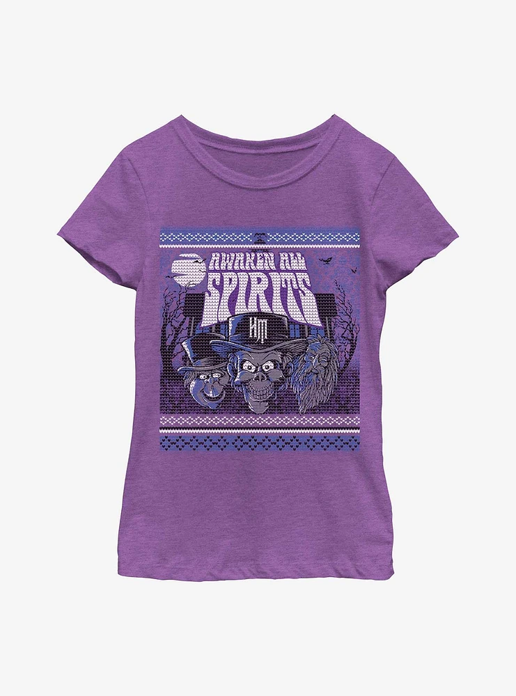 Disney The Haunted Mansion Awaken All Spirits Ugly Holiday Pattern Youth Girls T-Shirt