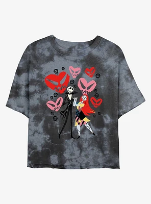 Disney The Nightmare Before Christmas Jack and Sally Doodle Hearts Tie Dye Crop Womens T-Shirt