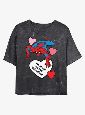 Marvel Spiderman Im Stuck On You Valentine Mineral Wash Womens Crop T-Shirt