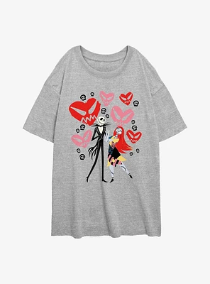 Disney The Nightmare Before Christmas Jack and Sally Doodle Hearts Womens Oversized T-Shirt