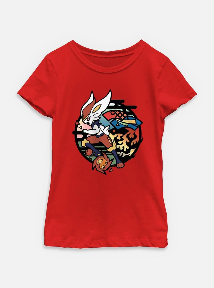 Pokemon Cinderace Stained Glass Icon Youth Girls T-Shirt
