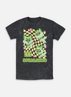 Pokemon Sprigatito Grass Type Checkered Mineral Wash T-Shirt