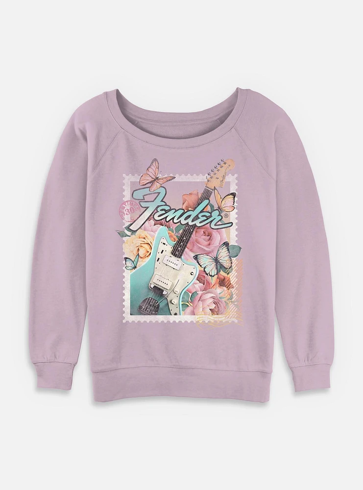 Fender Record Playing Guitar Garment Dye T-Shirt Butterfly Flowers Womens Slouchy Sweatshirt