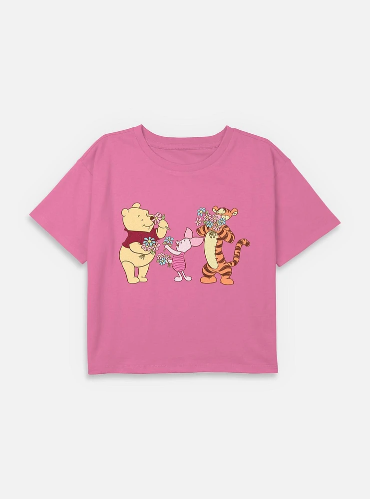 Disney Winnie The Pooh Smelling Flowers Youth Girls Boxy Crop T-Shirt