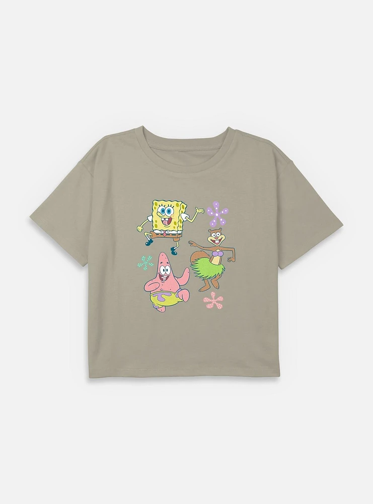 Spongebob Squarepants Floral Vibing Youth Girls Boxy Crop T-Shirt