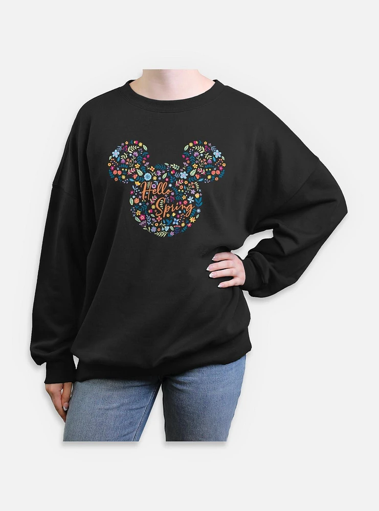 Disney Mickey Mouse Hello Spring Floral Ears Womens Oversized Sweatshirt