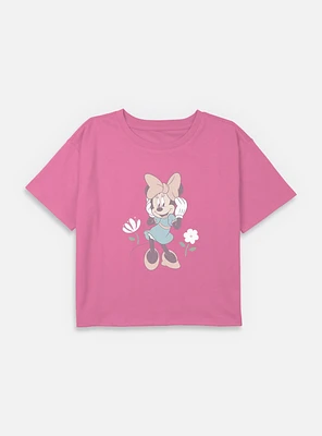 Disney Minnie Mouse Bow Flowers Youth Girls Boxy Crop T-Shirt