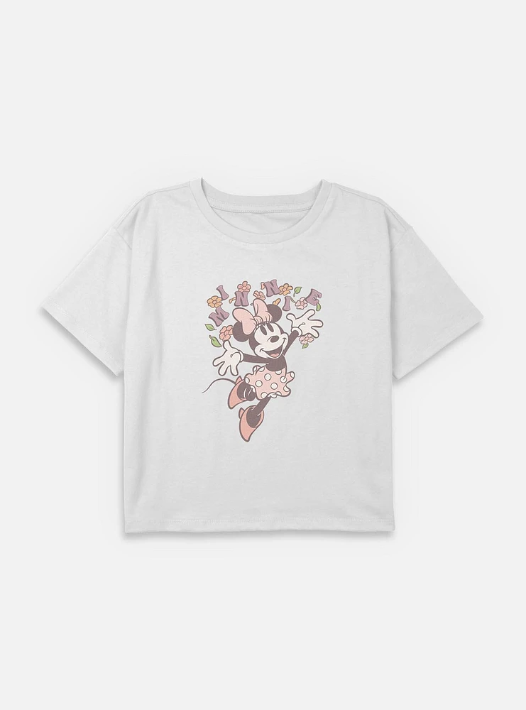 Disney Minnie Mouse Happy Flowers Youth Girls Boxy Crop T-Shirt