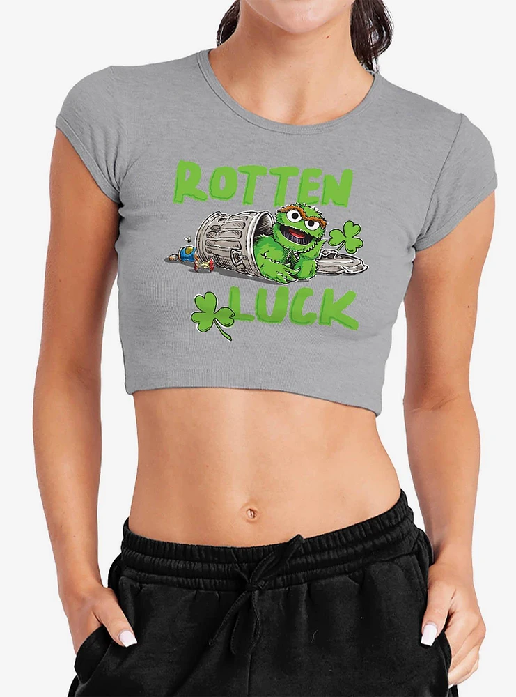 Sesame Street Oscar Rotten Luck Cap Sleeve Baby Rib Women's Crop Top Grey
