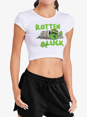 Sesame Street Oscar Rotten Luck Cap Sleeve Baby Rib Women's Crop Top White