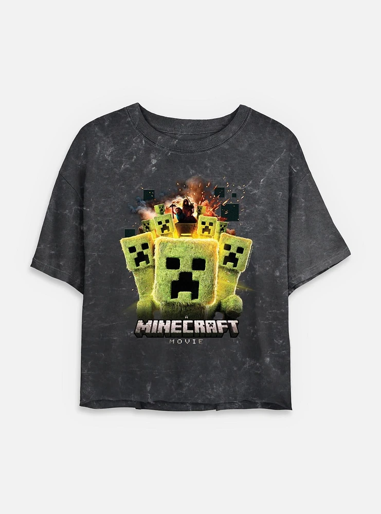 A Minecraft Movie Group Of Creeps Womens Mineral Wash Crop T-Shirt