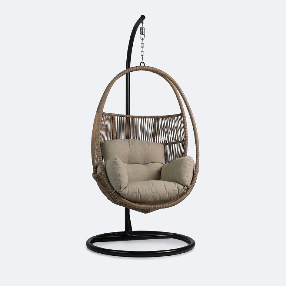 Halo Hanging Chair - Black Frame - Mixed Beige Wicker - Camel Cushions